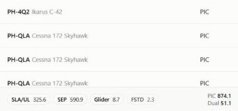 The foot of the Flights list, with separate totals for ultralight, SEP, glider and simulator time