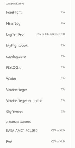 The list of logbook apps and standard layouts Altavi can import from