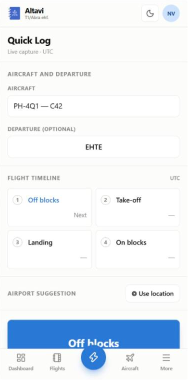 Quick Log on a phone, with aircraft and departure airfield chosen